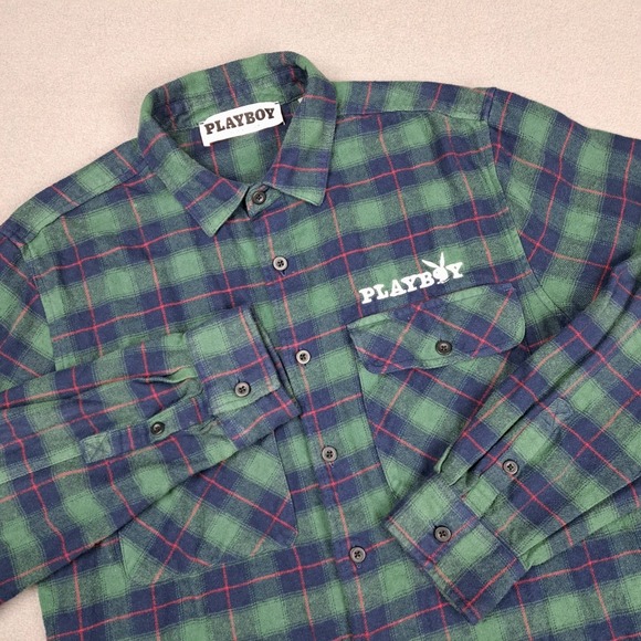 Playboy Flannel Shirt Mens Medium Tartan Plaid Button Up Flap Pocket Pacsun - Picture 11 of 11